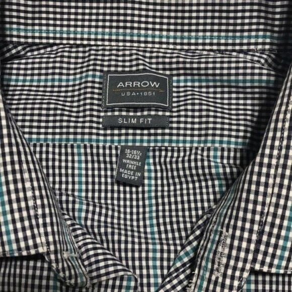 Arrow Slim Fit Men’s Long Sleeve Shirt Size 16-16.5 32/33 Black/White/Blue Check - Picture 4 of 13